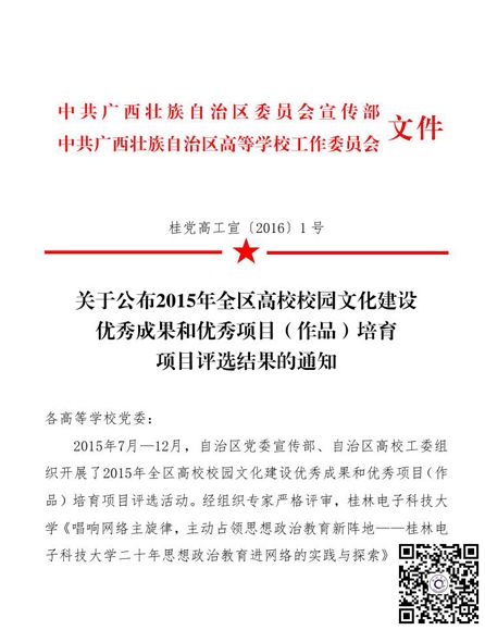 喜讯学校在2015年全区高校校园文化建设优秀成果和优秀项目作品培育项目评选中获奖